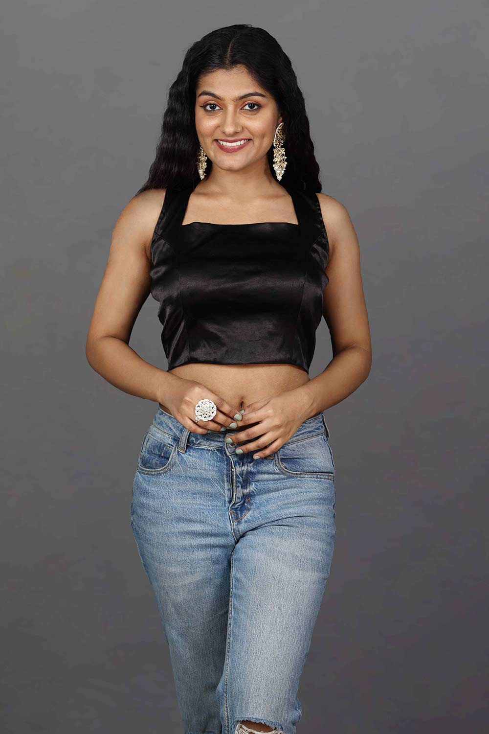 Buy Ananya Black Satin Stretch Square Neck Criss-Cross Back Adjustable Blouse Online - One Minute Saree