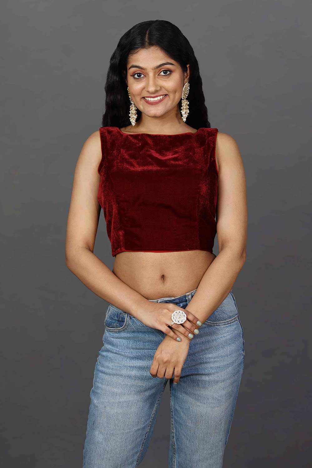 Buy Merve Burgundy Velvet Boatneck Tie-Back Custom Design Blouse Online