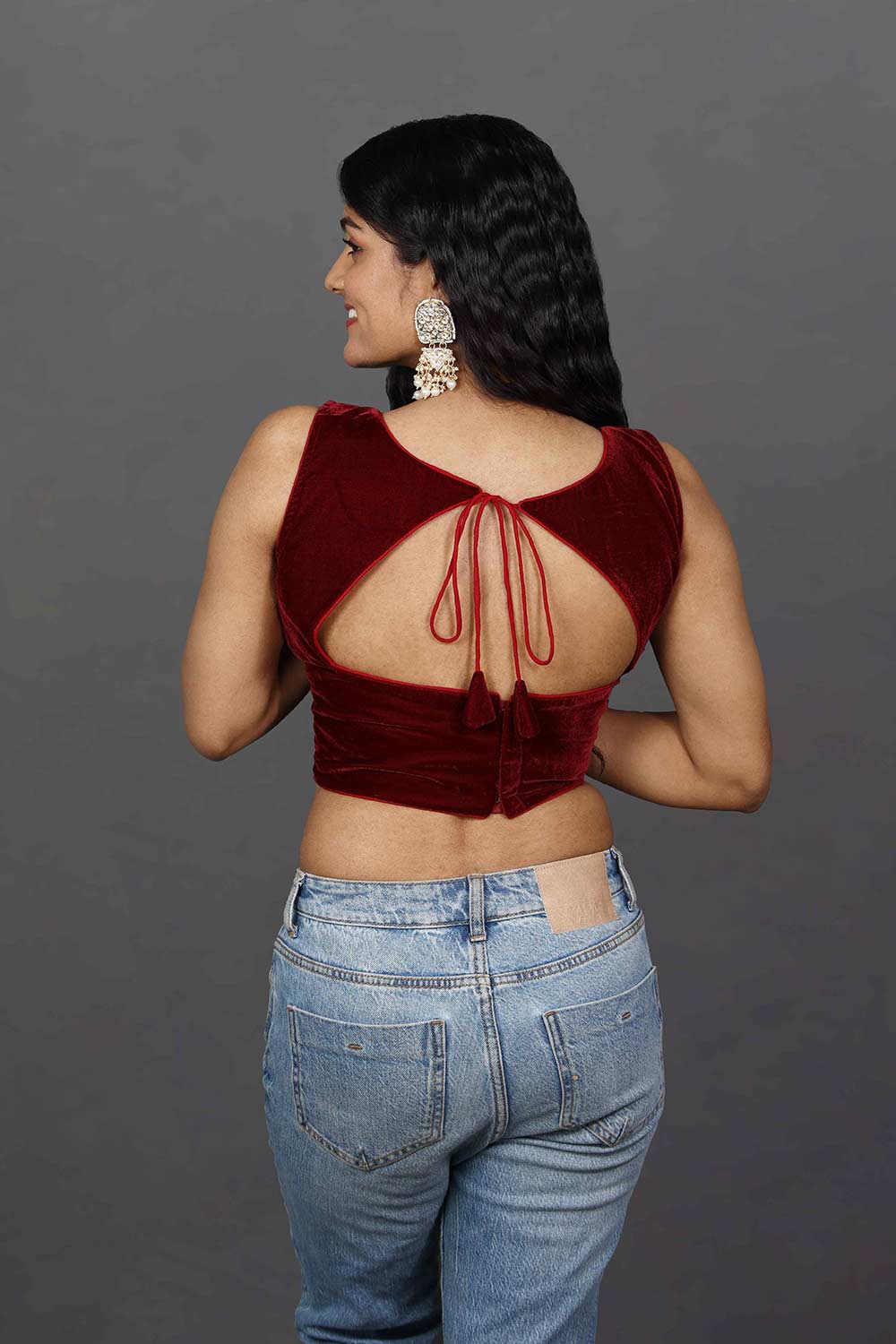 Shop Merve Burgundy Velvet Boatneck Tie-Back Custom Design Blouse at best offer at our  Store - One Minute Saree
