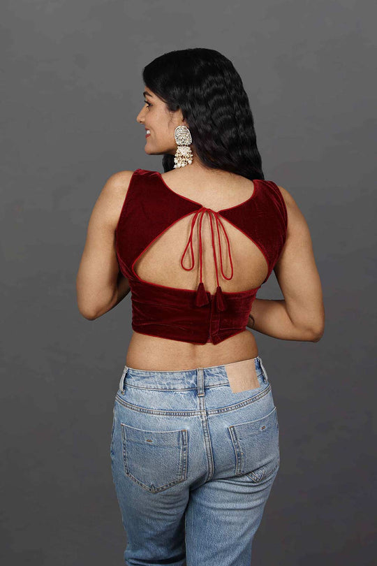 Shop Merve Burgundy Velvet Boatneck Tie-Back Custom Design Blouse at best offer at our  Store - One Minute Saree