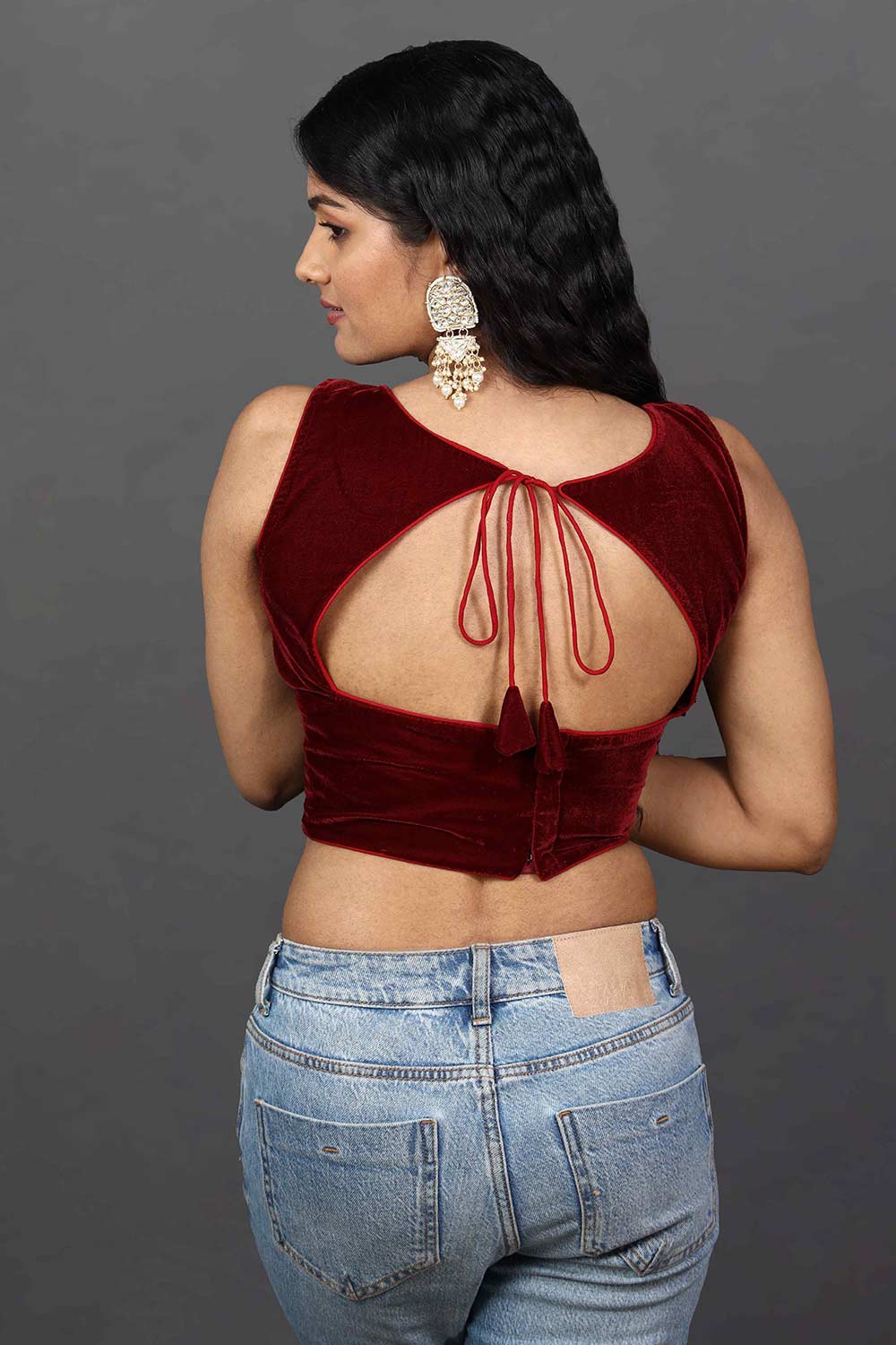 Buy Merve Burgundy Velvet Boatneck Tie-Back Custom Design Blouse Online - Back