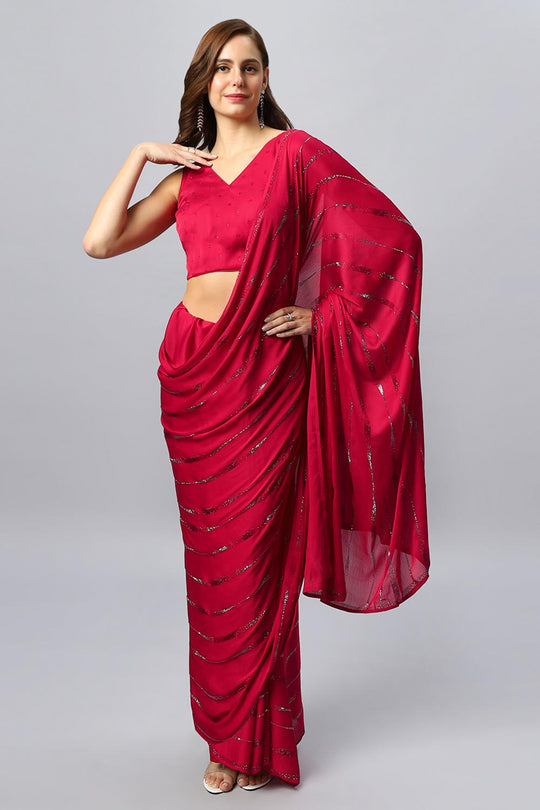 Buy Alice Luxe Red Swarovski Satin Silk One Minute Saree Online - One Minute Saree