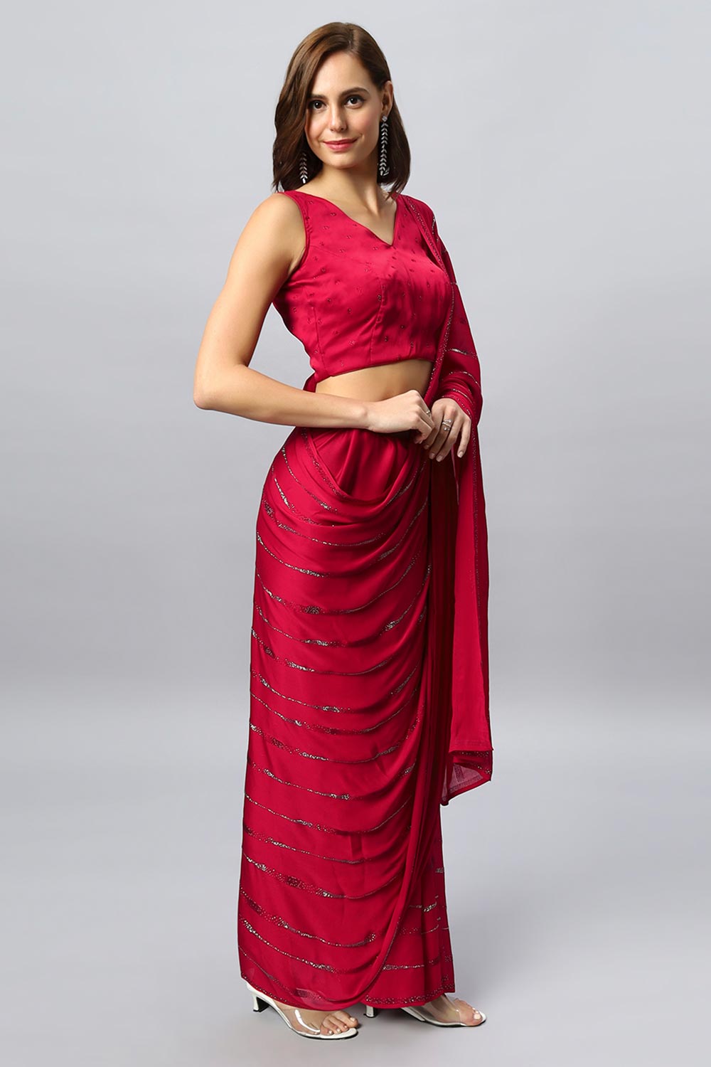 Buy Alice Luxe Red Swarovski Satin Silk One Minute Saree Online