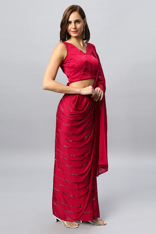 Buy Alice Luxe Red Swarovski Satin Silk One Minute Saree Online