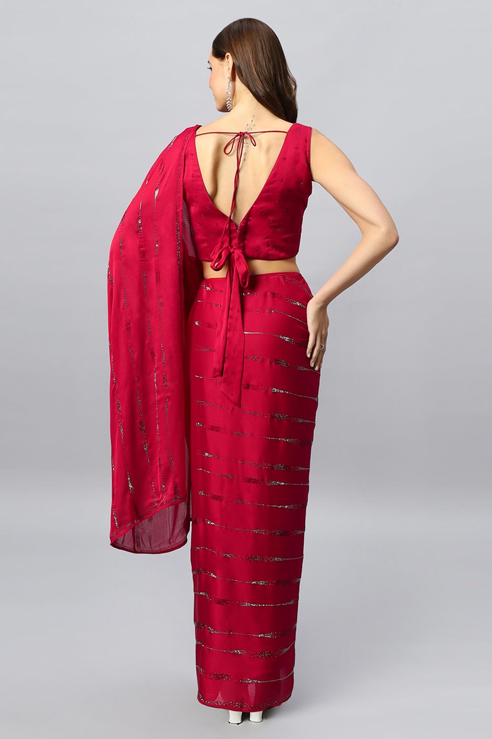 Buy Alice Luxe Red Swarovski Satin Silk One Minute Saree Online - Back