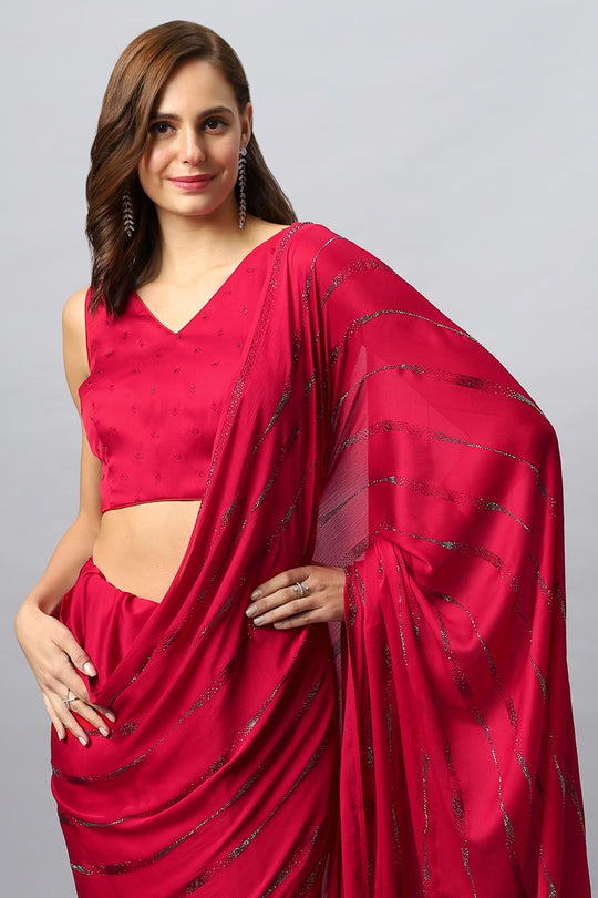 Buy Alice Luxe Red Swarovski Satin Silk One Minute Saree Online - Front