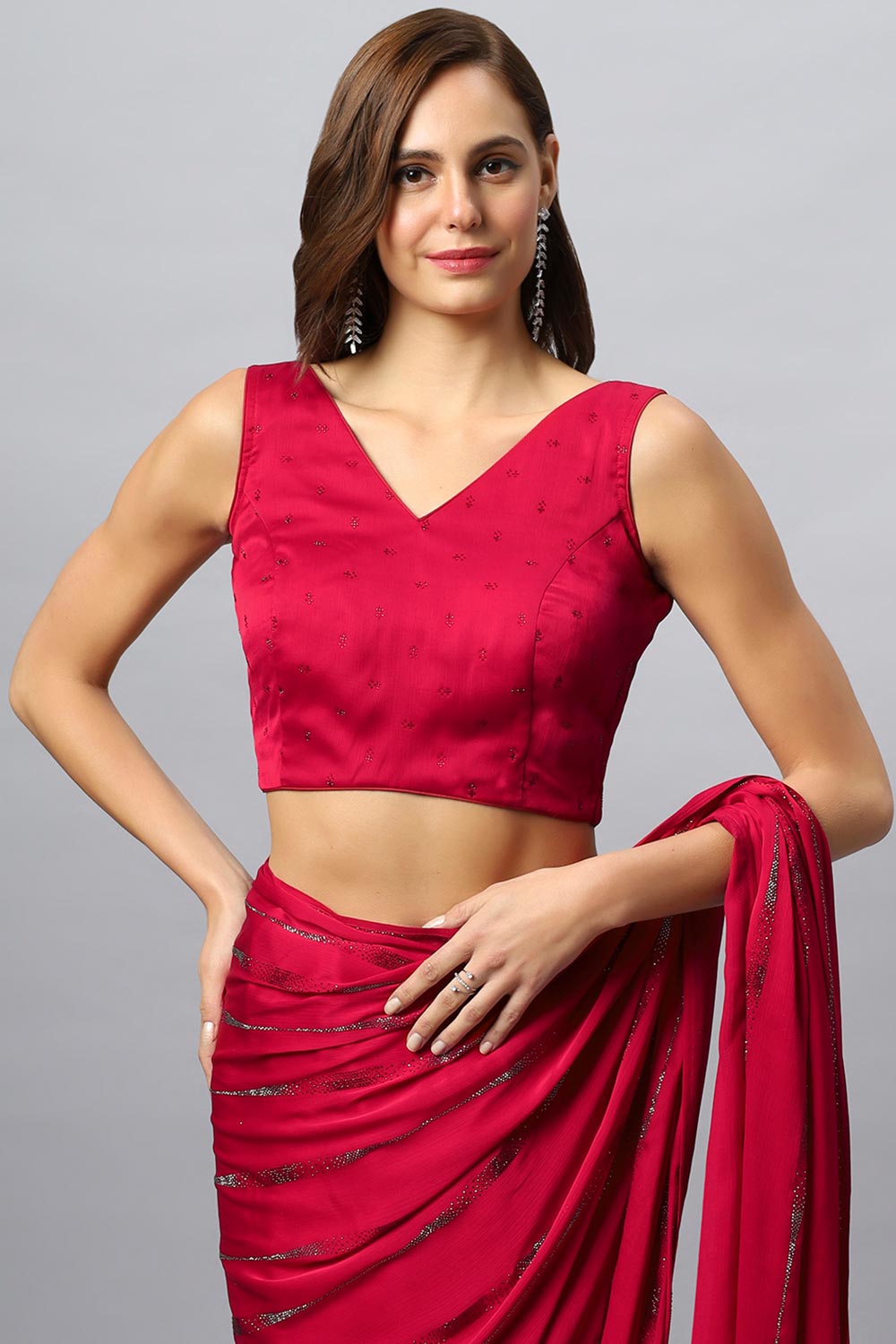 Buy Alice Luxe Red Swarovski Satin Silk One Minute Saree Online - Side