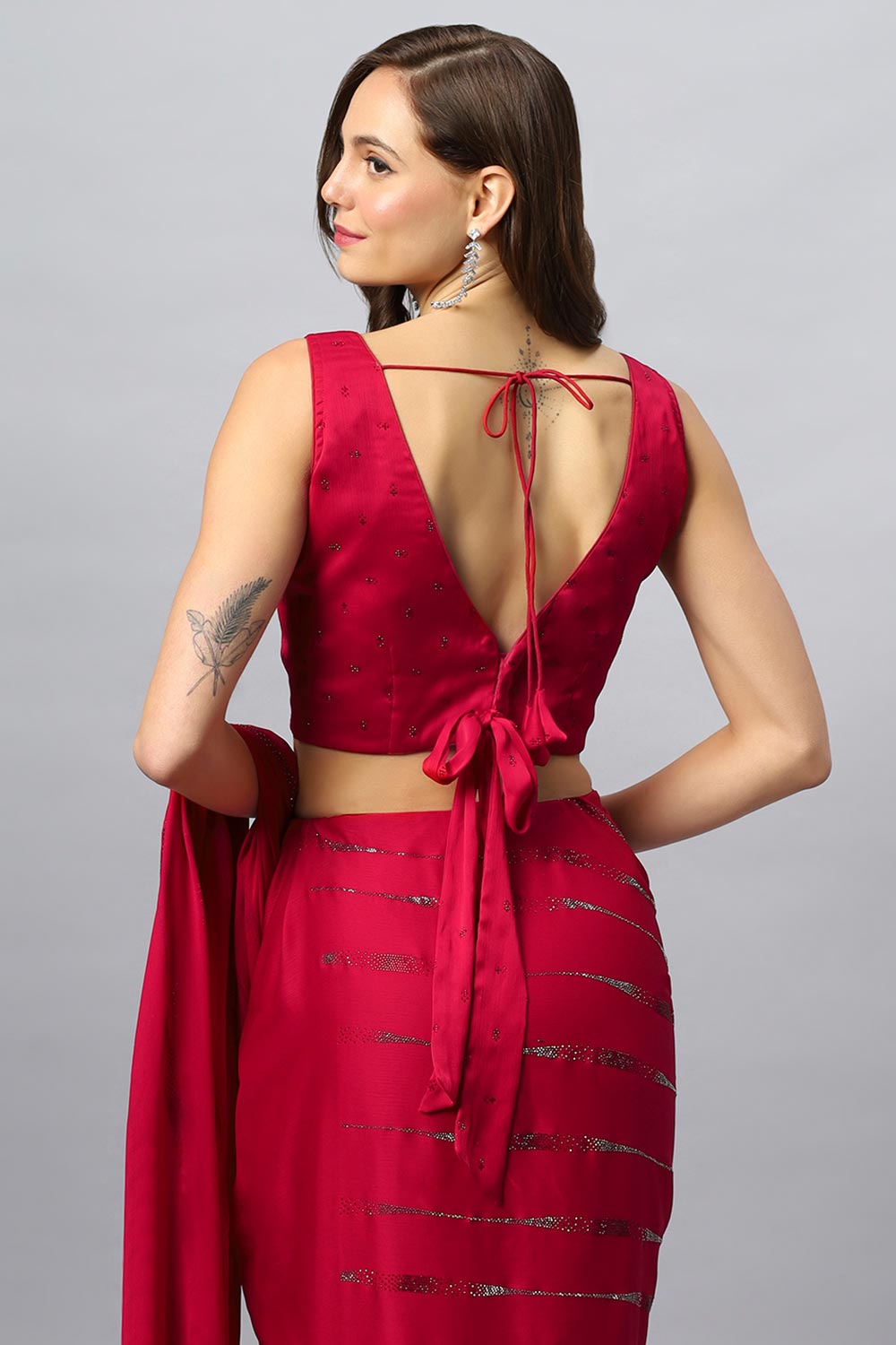 Buy Alice Luxe Red Swarovski Satin Silk One Minute Saree Online - Zoom In