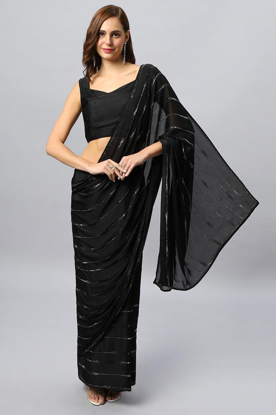 Buy Vendy Luxe Black Swarovski Satin Silk One Minute Saree Online - One Minute Saree