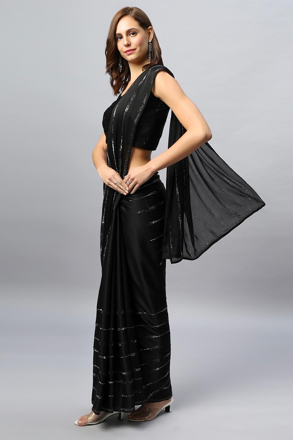 Buy Vendy Luxe Black Swarovski Satin Silk One Minute Saree Online - One Minute Saree