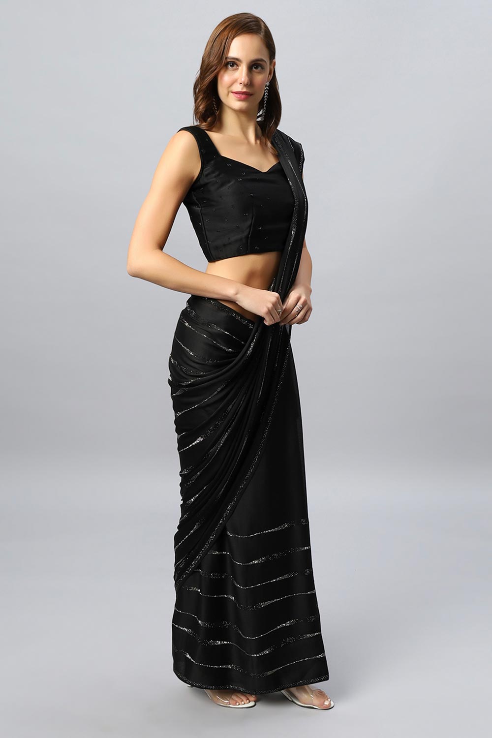 Buy Vendy Luxe Black Swarovski Satin Silk One Minute Saree Online