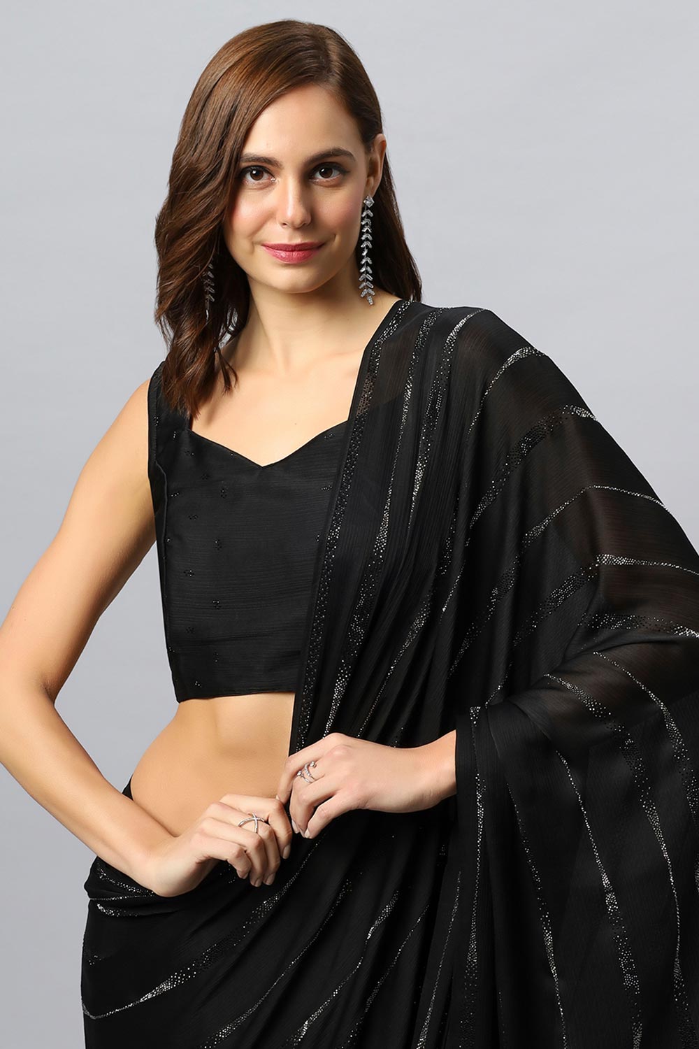 Buy Vendy Luxe Black Swarovski Satin Silk One Minute Saree Online - Front