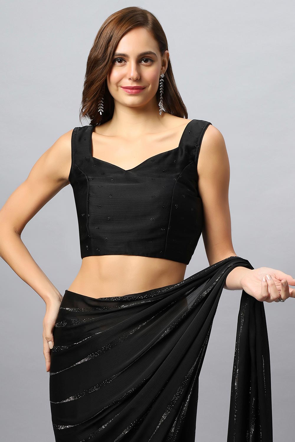 Buy Vendy Luxe Black Swarovski Satin Silk One Minute Saree Online - Side