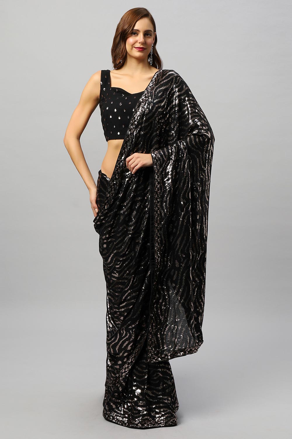 Buy Mila Luxe Black & Rose Gold Sequin One Minute Saree Online - One Minute Saree