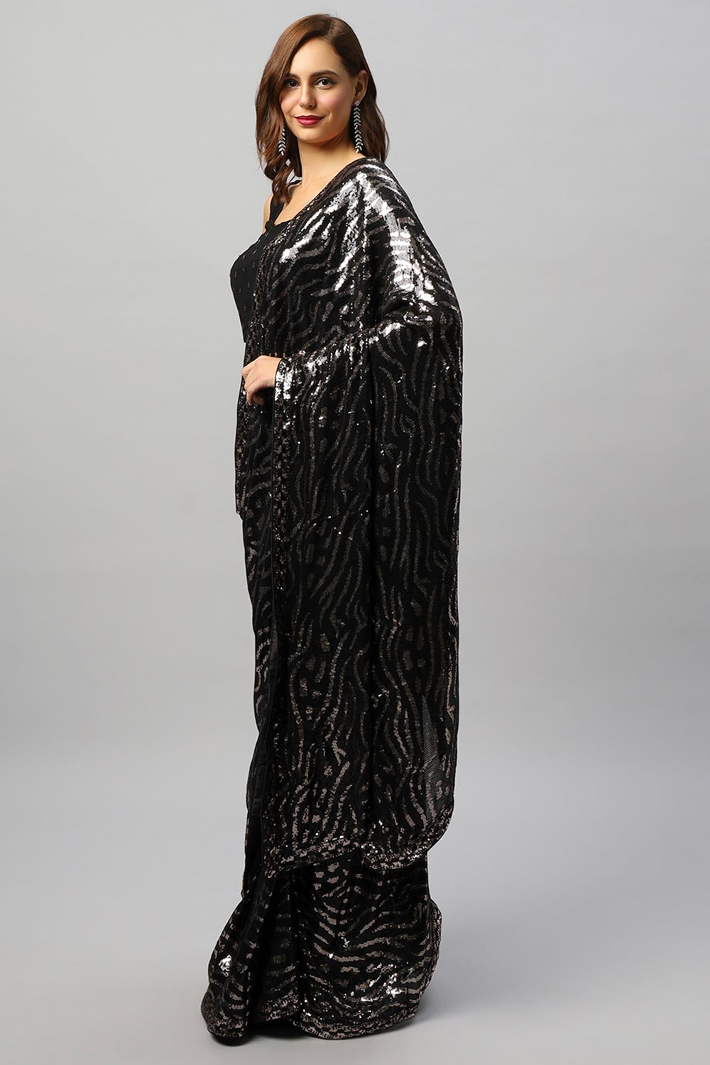 Buy Mila Luxe Black & Rose Gold Sequin One Minute Saree Online - One Minute Saree