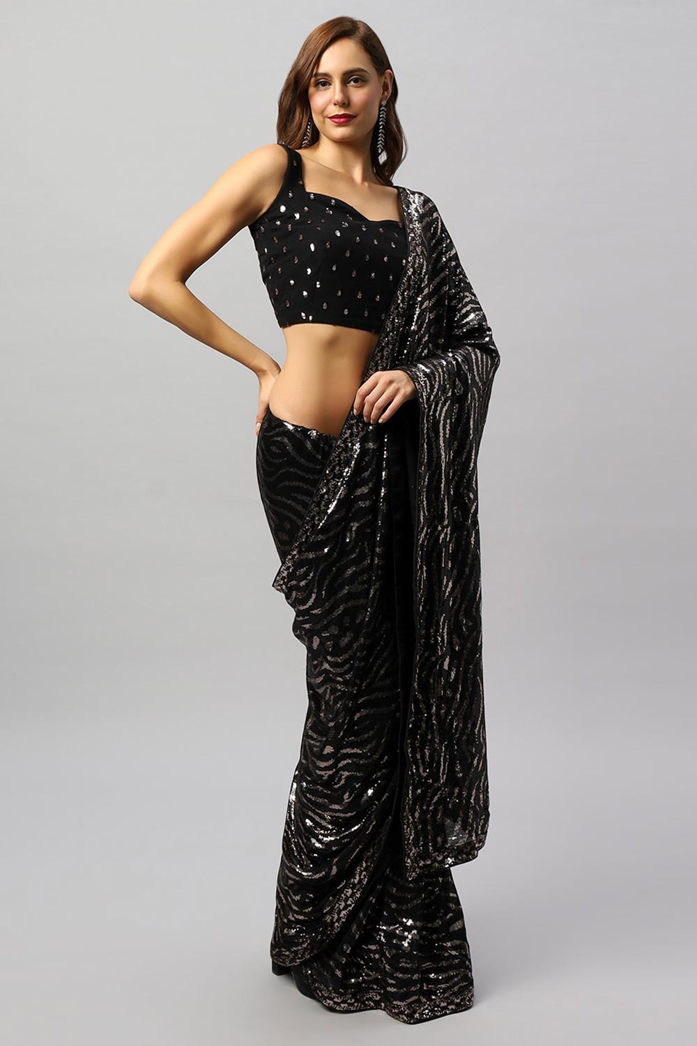 Buy Mila Luxe Black & Rose Gold Sequin One Minute Saree Online