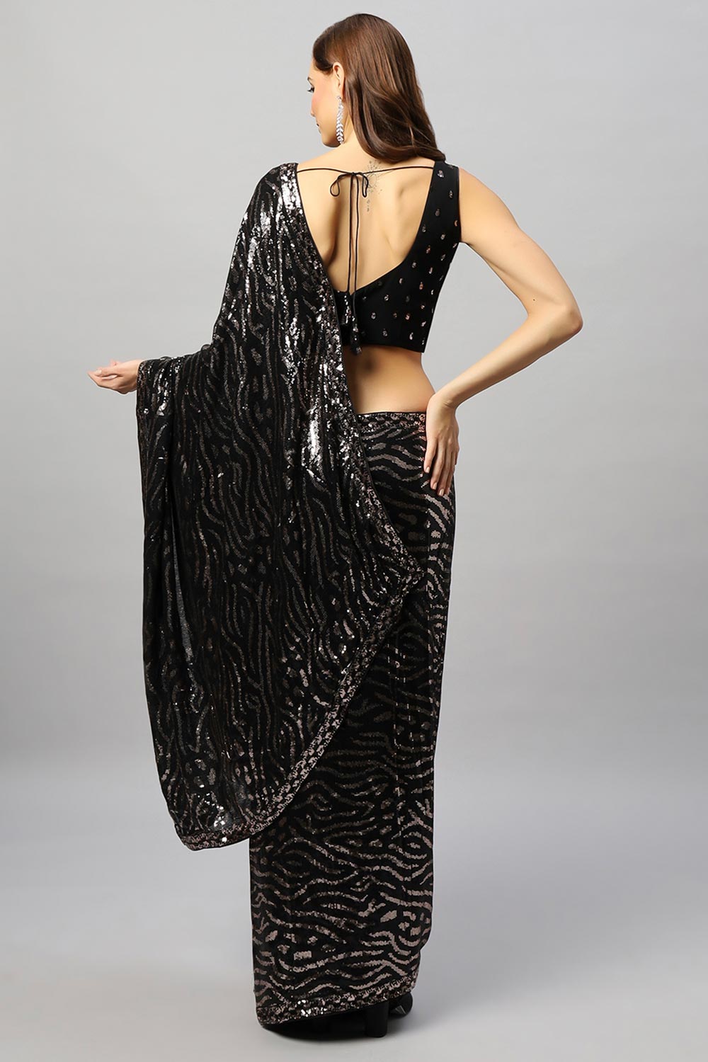 Buy Mila Luxe Black & Rose Gold Sequin One Minute Saree Online - Back