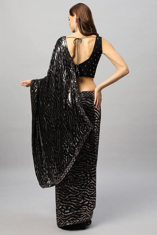 Buy Mila Luxe Black & Rose Gold Sequin One Minute Saree Online - Back
