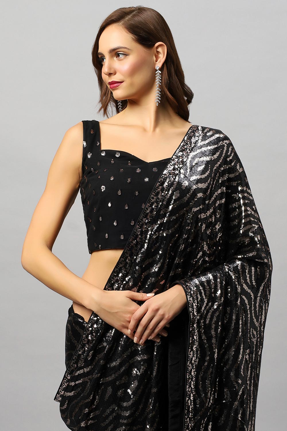 Buy Mila Luxe Black & Rose Gold Sequin One Minute Saree Online - Front