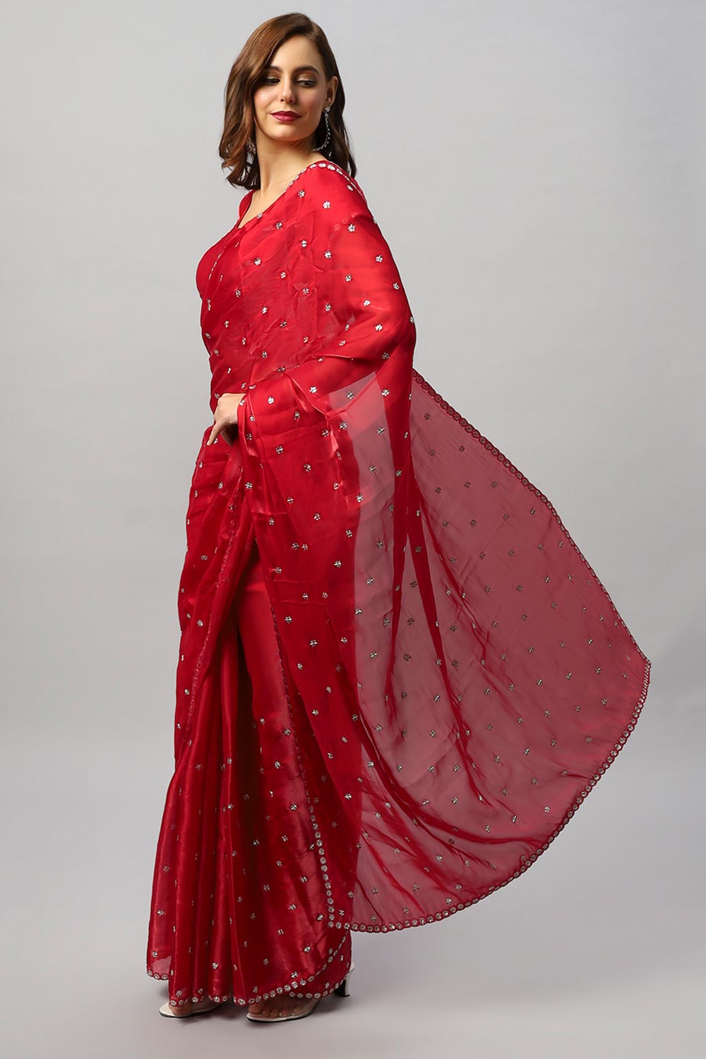Shop Amelia Luxe Red Tissue Silk With Stone Work One Minute Saree at best offer at our  Store - One Minute Saree