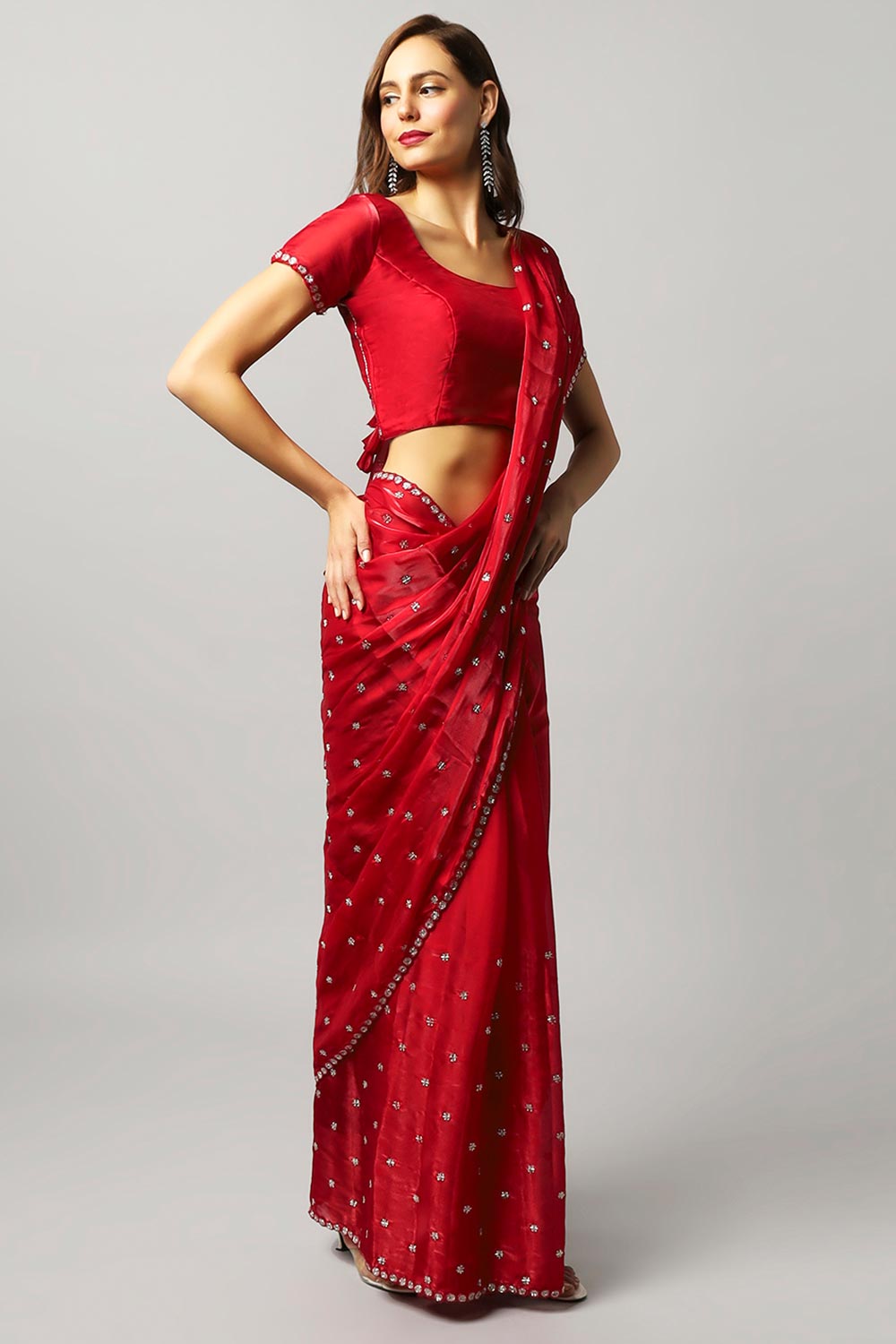 Buy Amelia Luxe Red Tissue Silk With Stone Work One Minute Saree Online