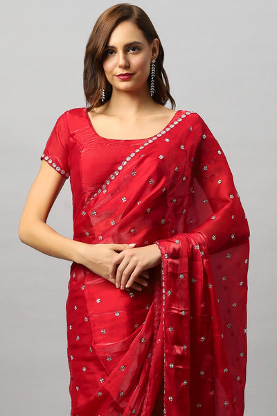 Buy Amelia Luxe Red Tissue Silk With Stone Work One Minute Saree Online - Front