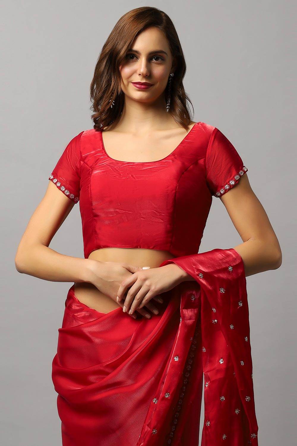 Buy Amelia Luxe Red Tissue Silk With Stone Work One Minute Saree Online - Side