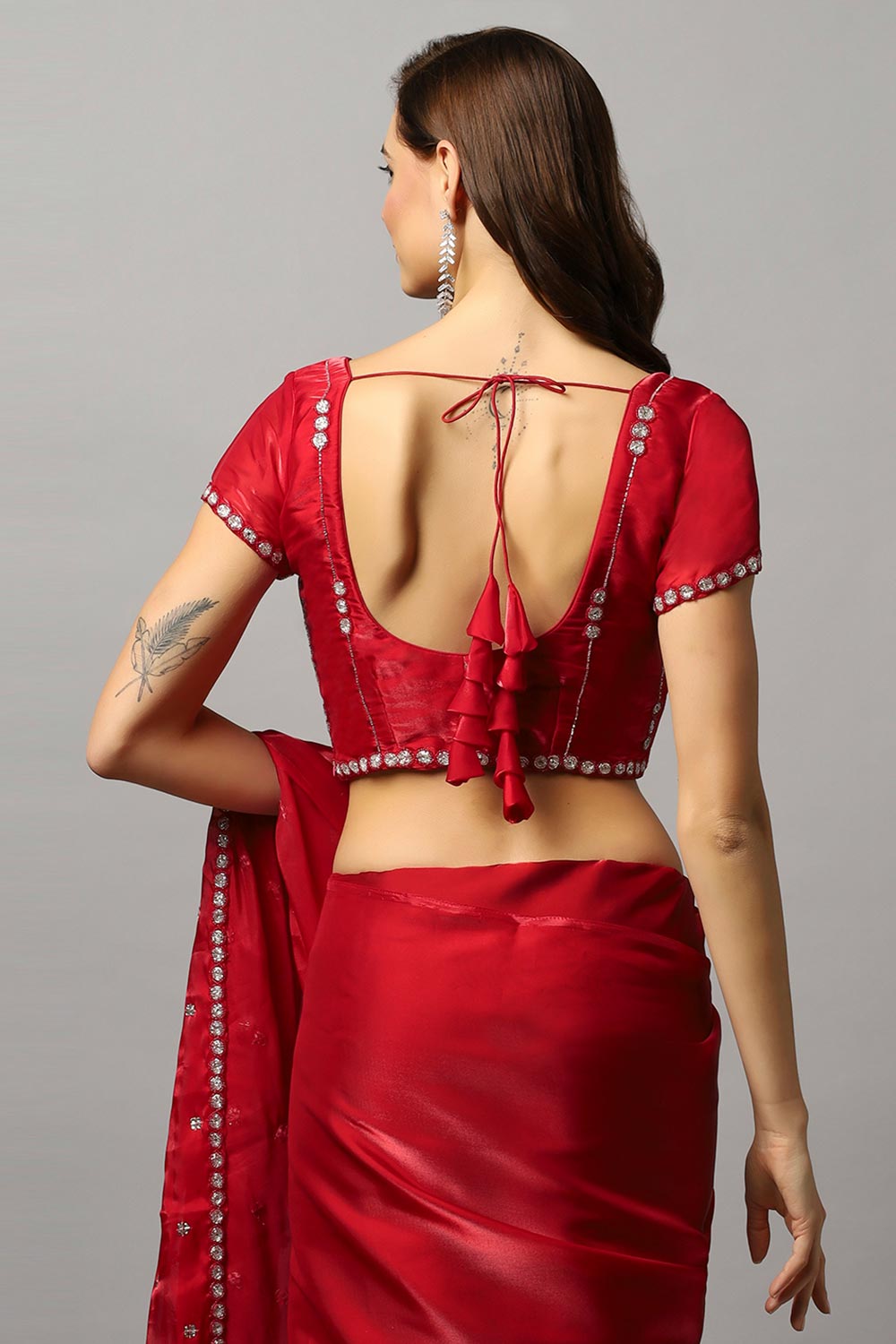 Buy Amelia Luxe Red Tissue Silk With Stone Work One Minute Saree Online - Zoom In