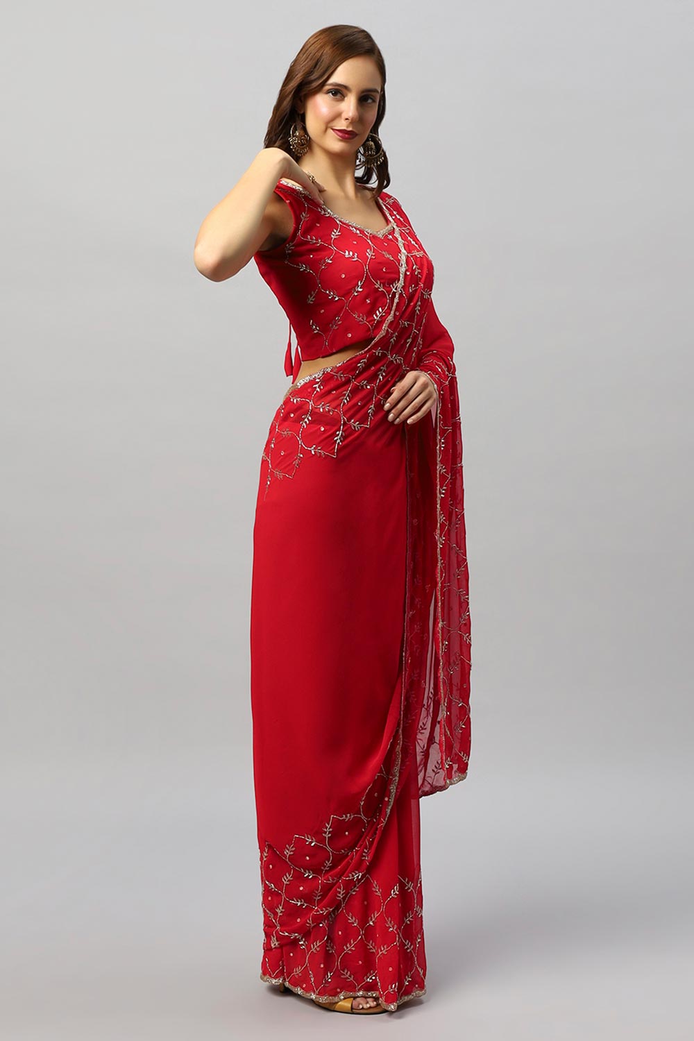 Buy Ava Luxe Red Pure Georgette With Gold Bead Work One Minute Saree Online