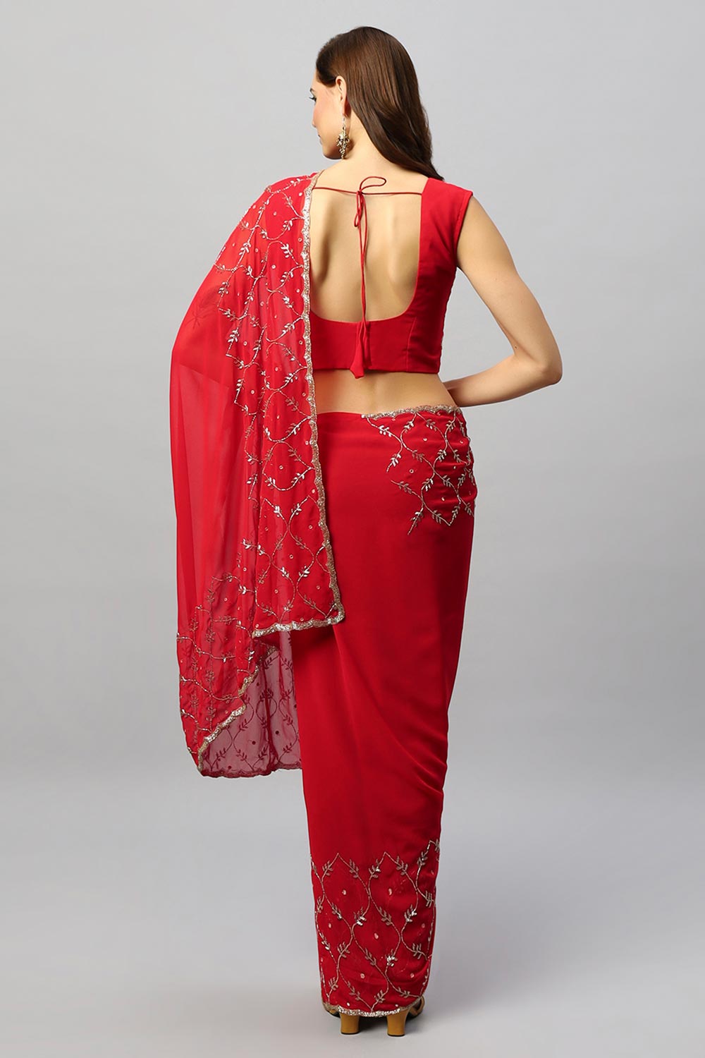 Buy Ava Luxe Red Pure Georgette With Gold Bead Work One Minute Saree Online - Back