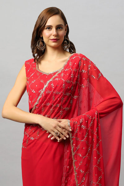 Buy Ava Luxe Red Pure Georgette With Gold Bead Work One Minute Saree Online - Front