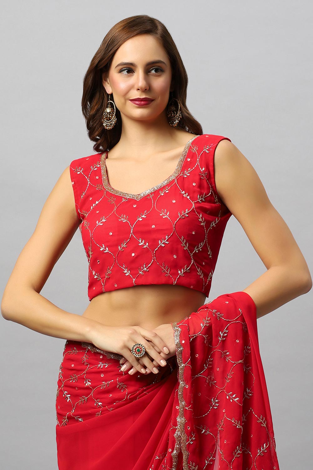 Buy Ava Luxe Red Pure Georgette With Gold Bead Work One Minute Saree Online - Side