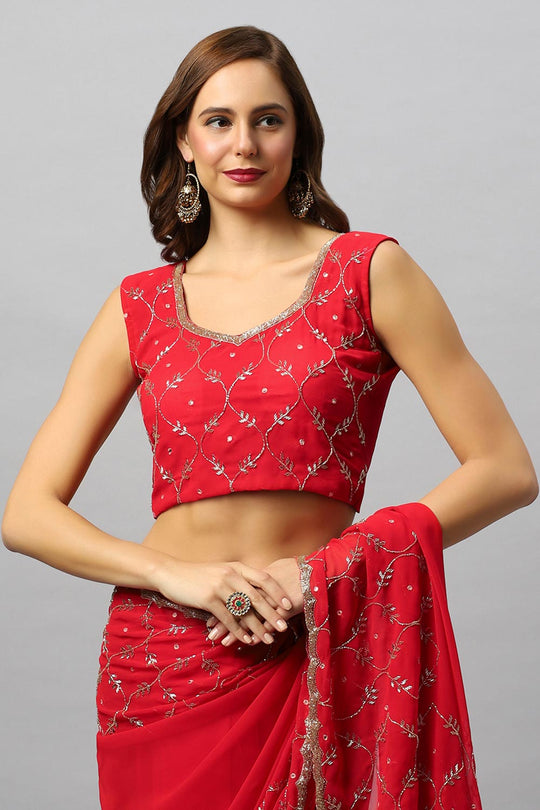 Buy Ava Luxe Red Pure Georgette With Gold Bead Work One Minute Saree Online - Side