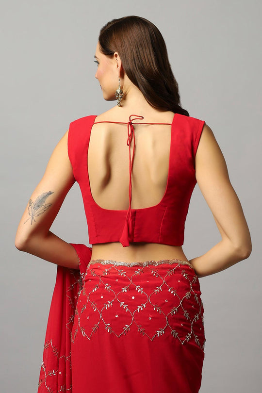 Buy Ava Luxe Red Pure Georgette With Gold Bead Work One Minute Saree Online - Zoom In