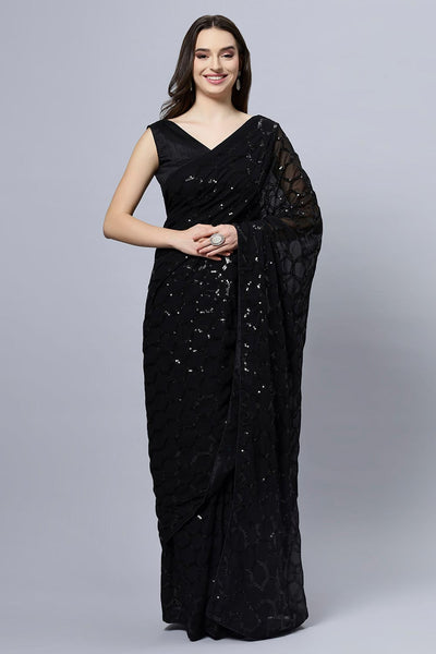 Buy Anna Black Faux Georgette Sequins One Minute Saree Online - One Minute Saree