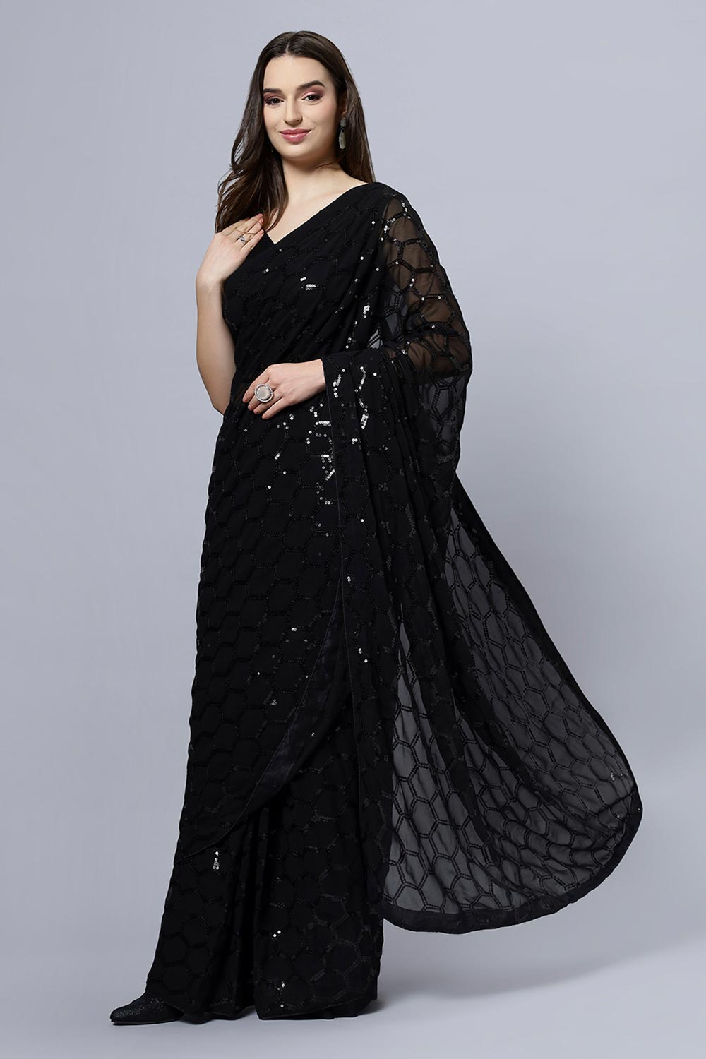 Shop Anna Black Faux Georgette Sequins One Minute Saree at best offer at our  Store - One Minute Saree