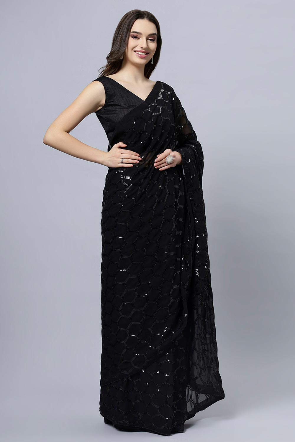 Buy Anna Black Faux Georgette Sequins One Minute Saree Online