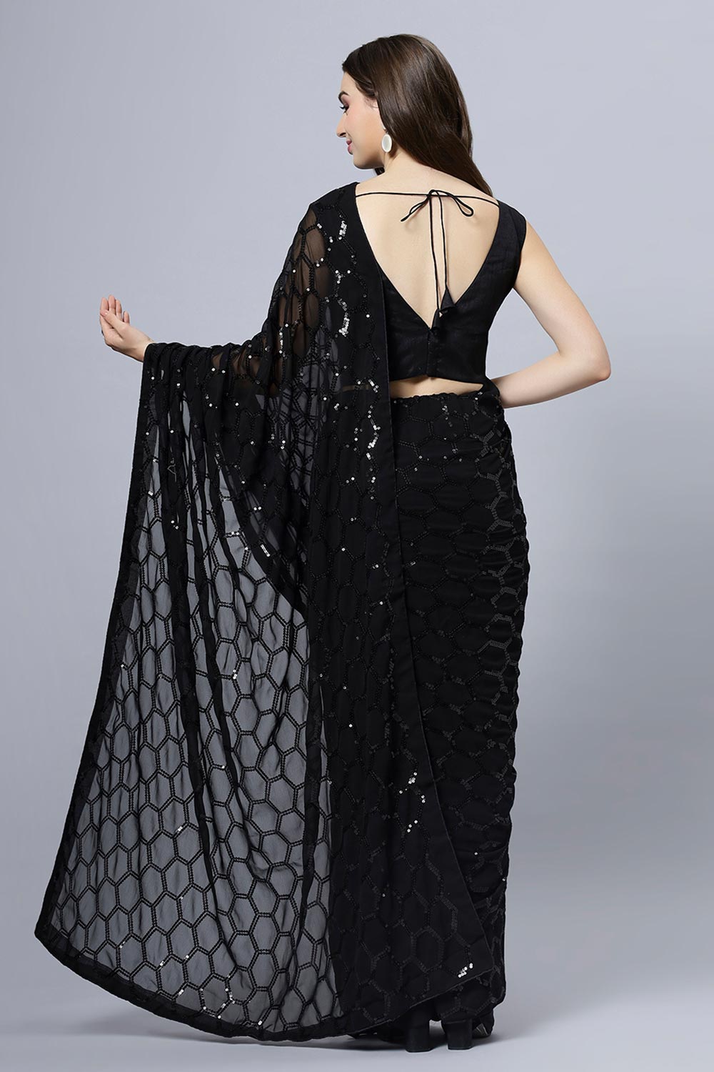 Buy Anna Black Faux Georgette Sequins One Minute Saree Online - Back
