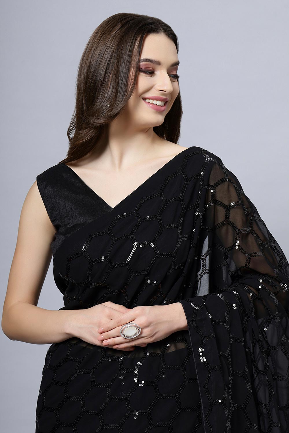 Buy Anna Black Faux Georgette Sequins One Minute Saree Online - Front