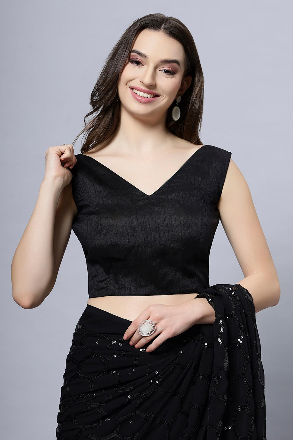 Buy Anna Black Faux Georgette Sequins One Minute Saree Online - Side