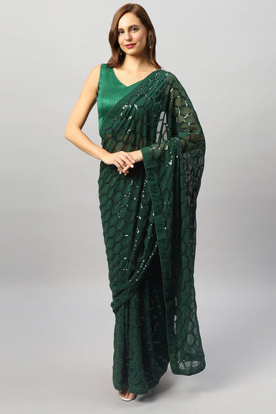 Buy Ranya Emerald Green Faux Georgette Sequins One Minute Saree Online - One Minute Saree