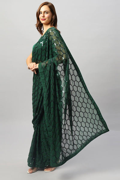 Shop Ranya Emerald Green Faux Georgette Sequins One Minute Saree at best offer at our  Store - One Minute Saree