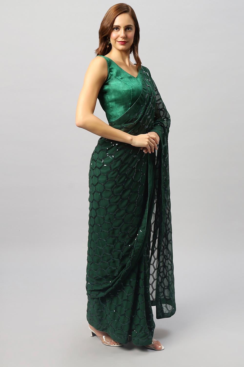 Buy Ranya Emerald Green Faux Georgette Sequins One Minute Saree Online