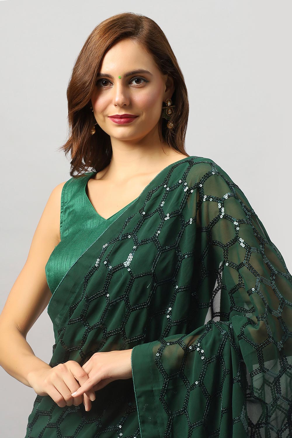 Buy Ranya Emerald Green Faux Georgette Sequins One Minute Saree Online - Front