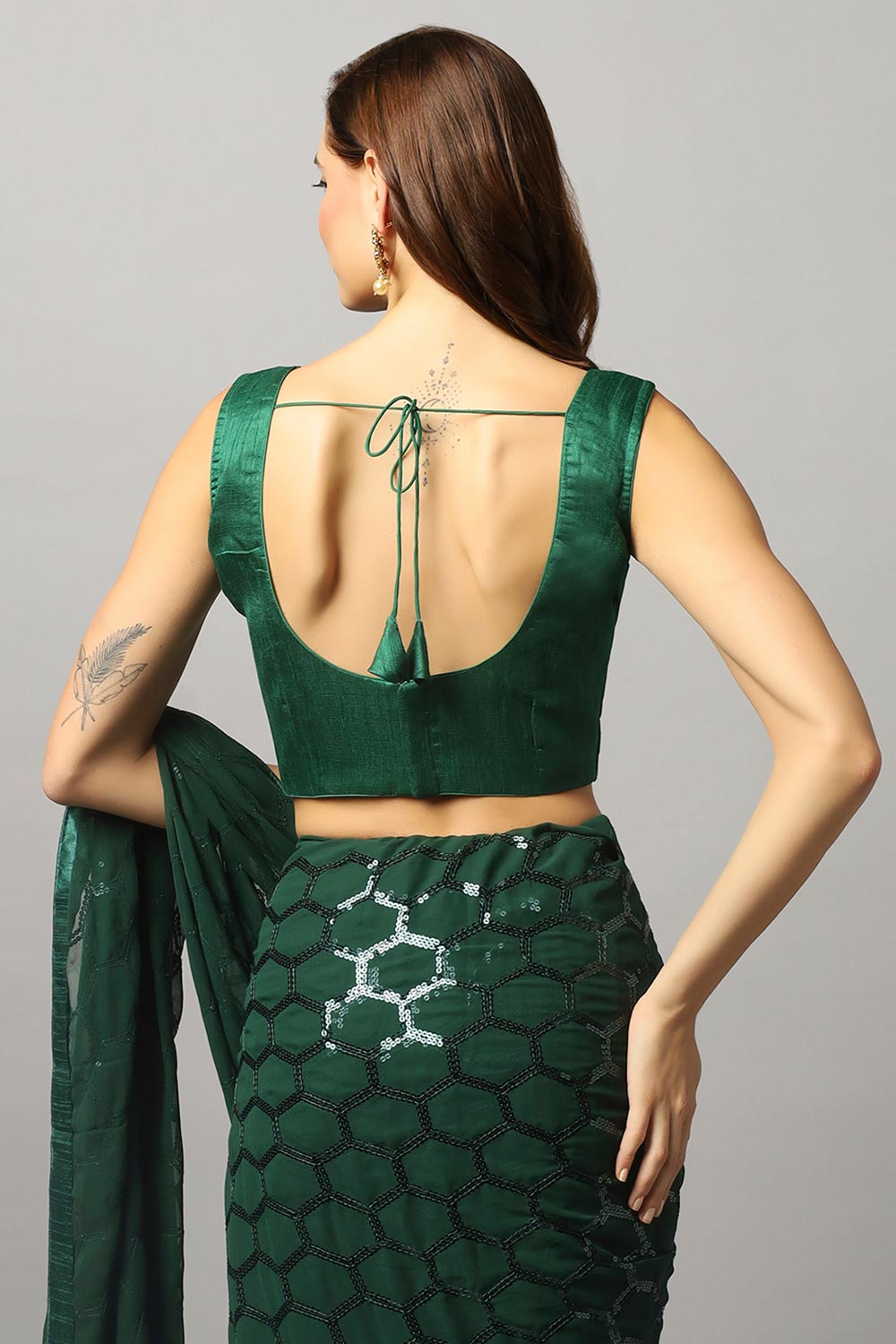 Buy Ranya Emerald Green Faux Georgette Sequins One Minute Saree Online - Zoom In