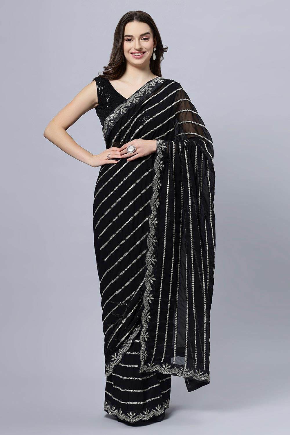Buy Briony Black & Silver Mirror work Georgette One Minute Saree Online - One Minute Saree