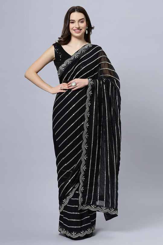 Buy Briony Black & Silver Mirror work Georgette One Minute Saree Online - One Minute Saree
