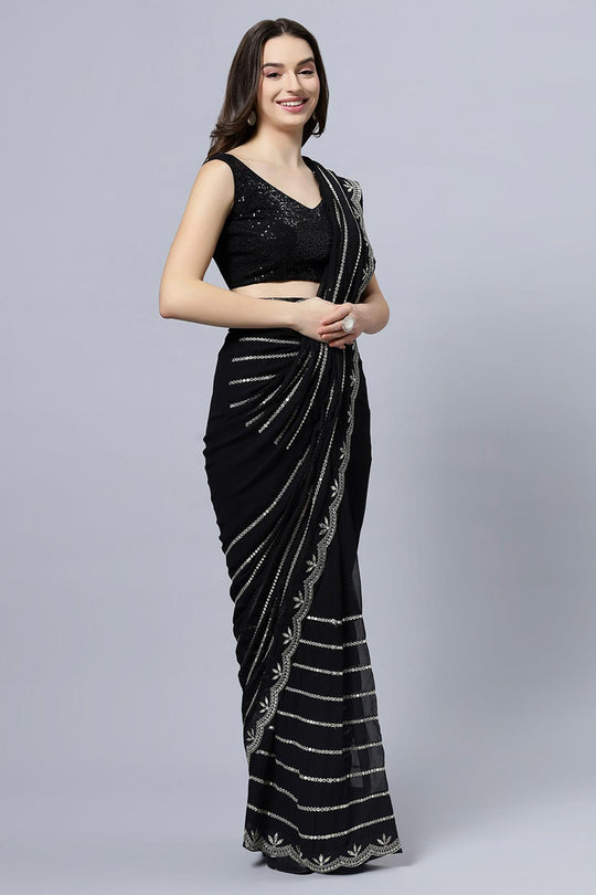 Buy Briony Black & Silver Mirror work Georgette One Minute Saree Online