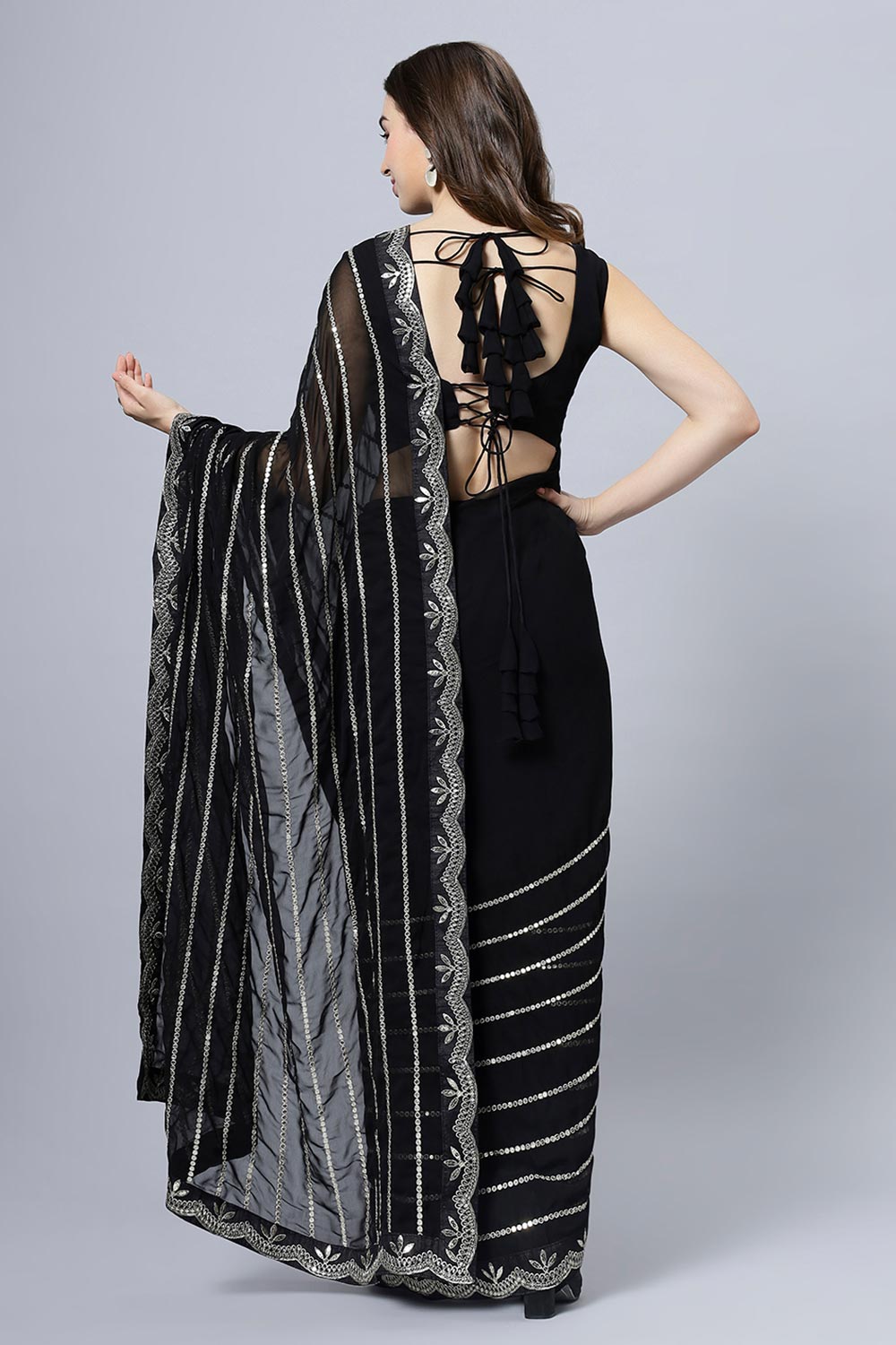 Buy Briony Black & Silver Mirror work Georgette One Minute Saree Online - Back