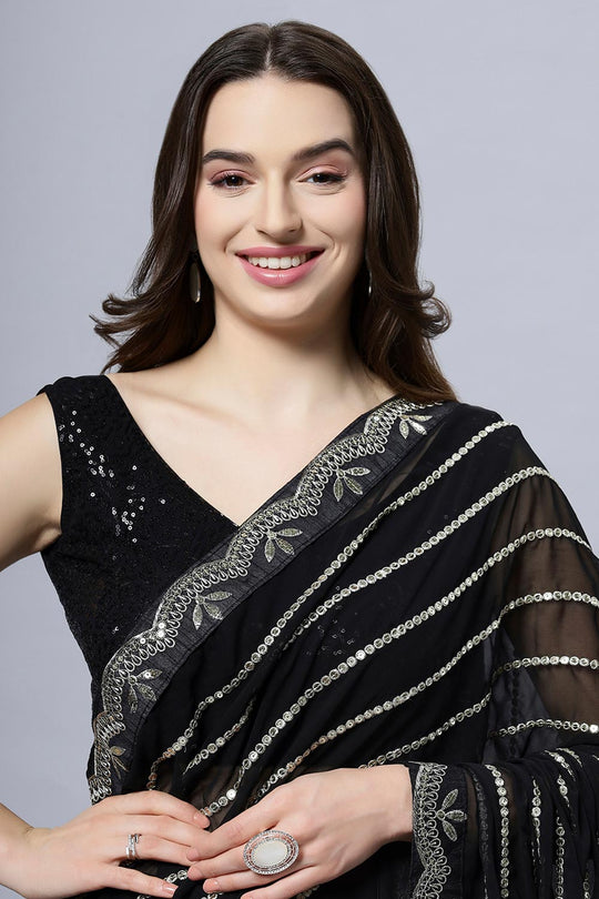 Buy Briony Black & Silver Mirror work Georgette One Minute Saree Online - Front